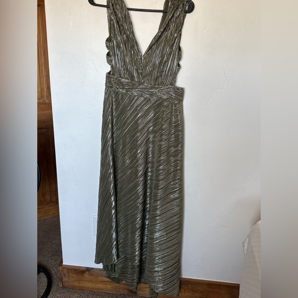 Maje Olive Green Metallic Pleated Maxi Dress